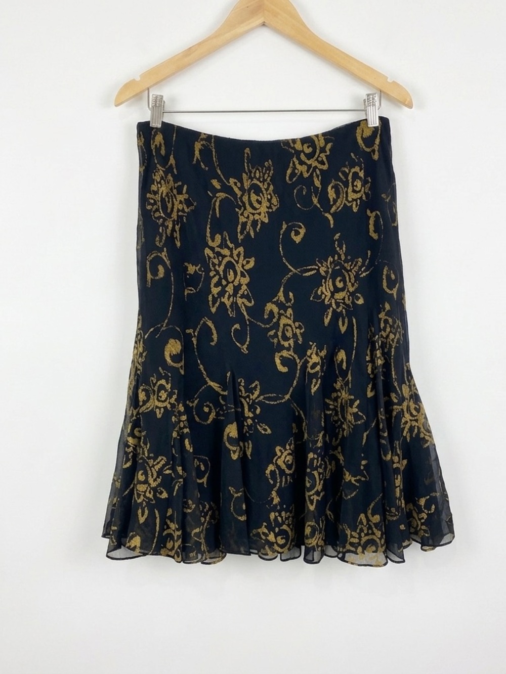 Lauren Ralph Lauren Black Chiffon & Gold Metallic Brushstroke Floral‎ Skirt M